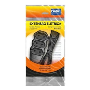 Extensão Pratik Fio Paralel 2x0,75mm 10m Preta 3 Tomadas