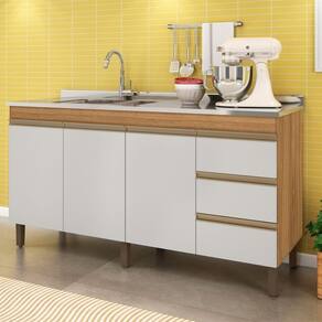 Balcão de Pia 3 Portas 3 Gavetas 159cm Nature Off White