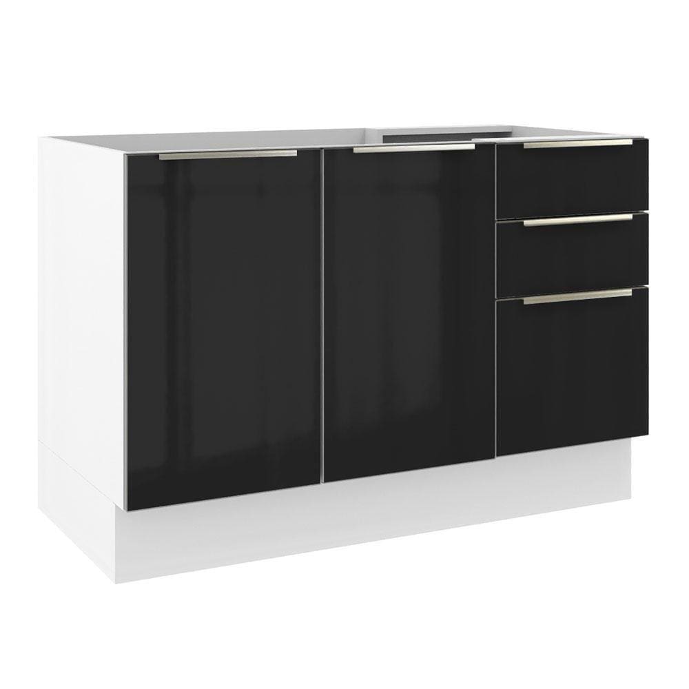Balcão Gabinete de Pia 120cm 2 Portas 3 Gavetas Branco Preto