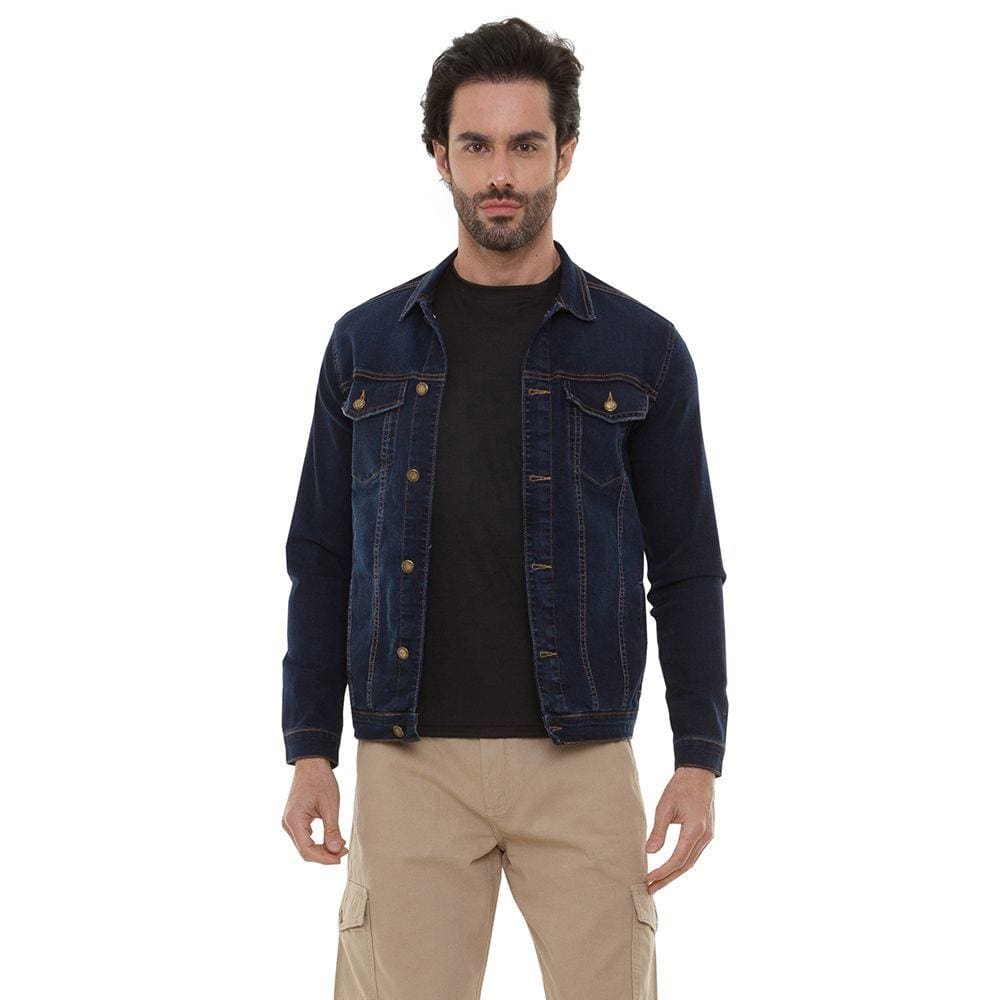 Jaqueta Jeans Clássica Masculina Escura Com Bolso Interno