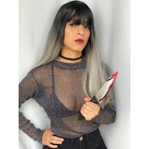 Peruca Ombre Hair Preta Cinza Platinada Franja Lisa Silk Top