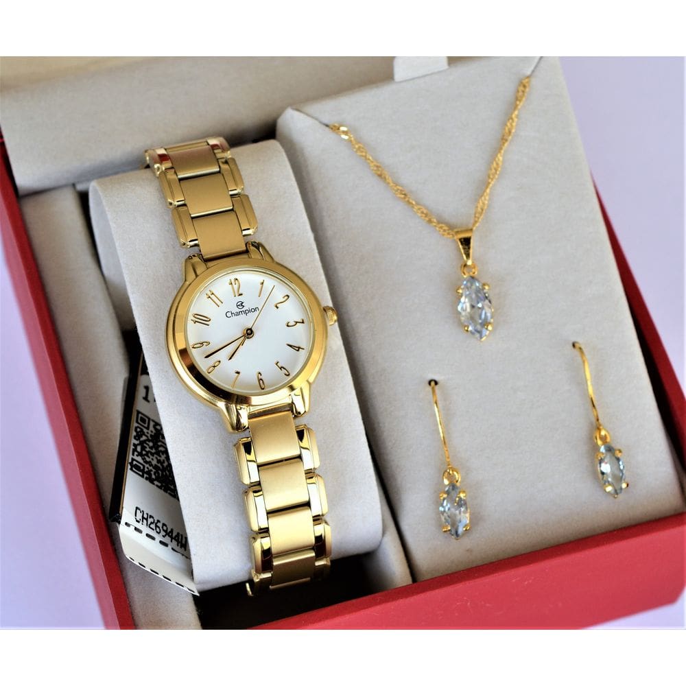 Relogio Champion Feminino Pequeno Dourado Com Numeros Ch26944w + Kit Semi Joia