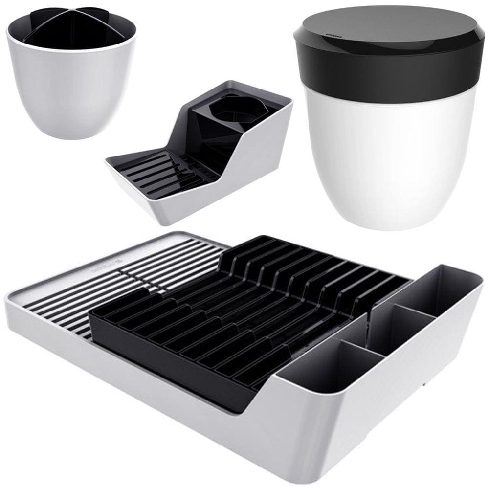 Kit Cozinha Escorredor Louças + Porta Talheres + Organizador Pia + Lixeira - Branco Crippa