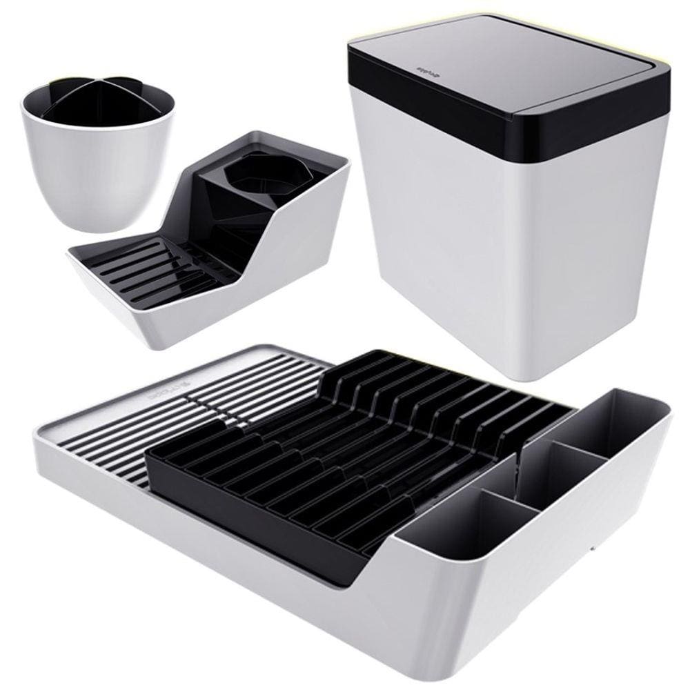 Kit Escorredor De Louças / Talheres + Organizador De Pia + Lixeira - Branco Crippa