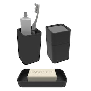 Kit Banheiro 3 Peças Saboneteira Porta Escova Algodão Cotonete Preto - Soprano