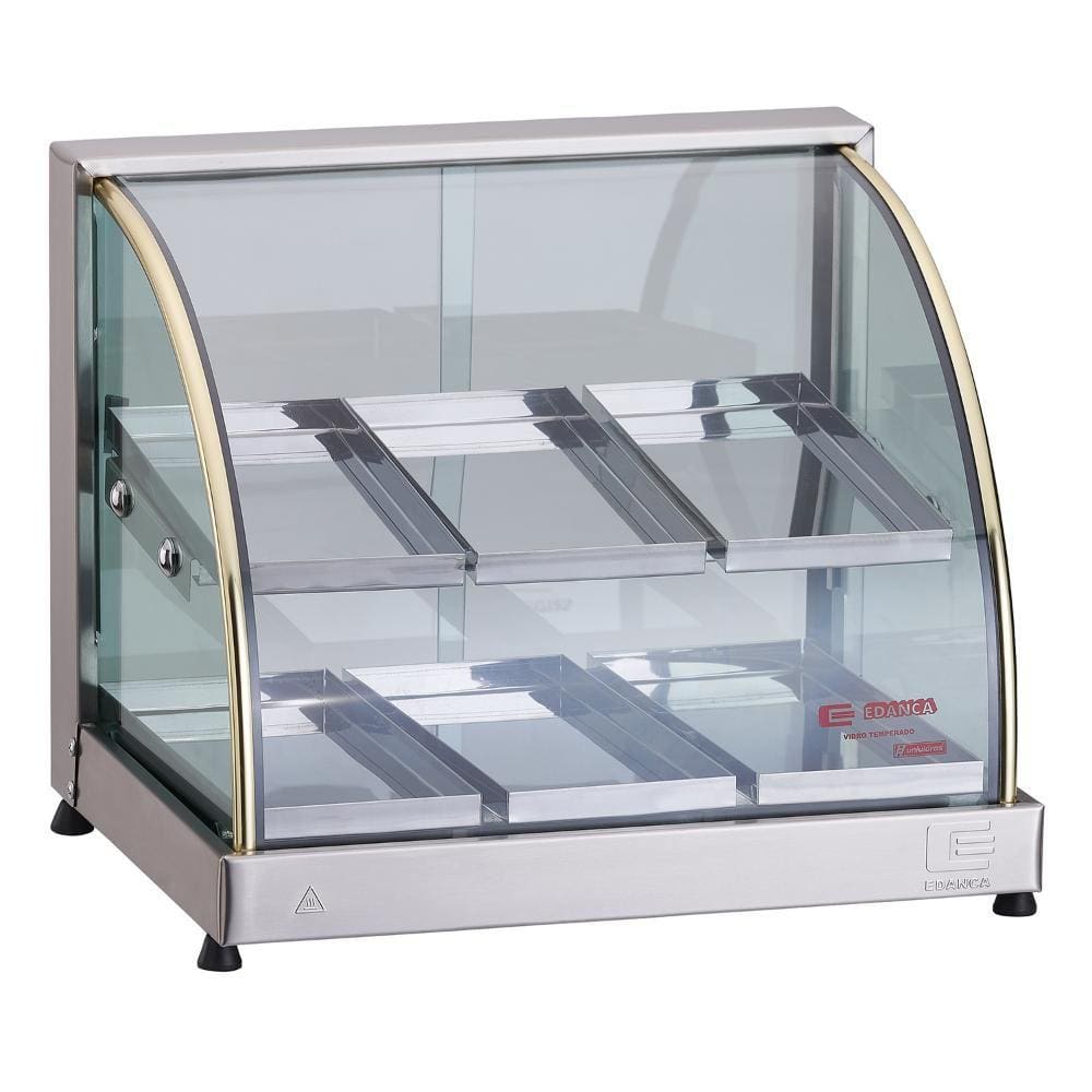 Estufa Para Salgados Vidro Curvo Aquecedor de Alimentos Duplo De 6 Bandejas Ouro Edanca