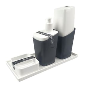 Kit Dispenser Sabonete Líquido + Porta Escova Creme Dental + Saboneteira Square + Bandeja Banheiro - Coza