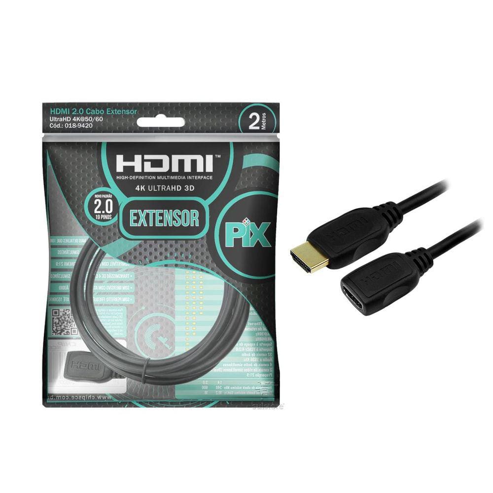 Cabo Extensor HDMI Macho X Fêmea Versão 2.0 3D 4K HDR 2 Metros Pix 018-9420
