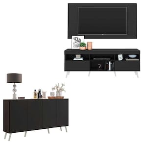 Conjunto Sala de Estar Rack + Painel TV 65" e Aparador Retrô Sofia Multimóveis Preto/Branco