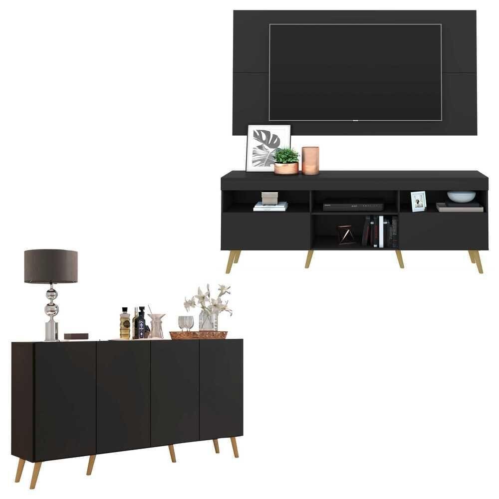 Conjunto Sala de Estar Rack + Painel TV 65" e Aparador Retrô Sofia Multimóveis Preto/Natural