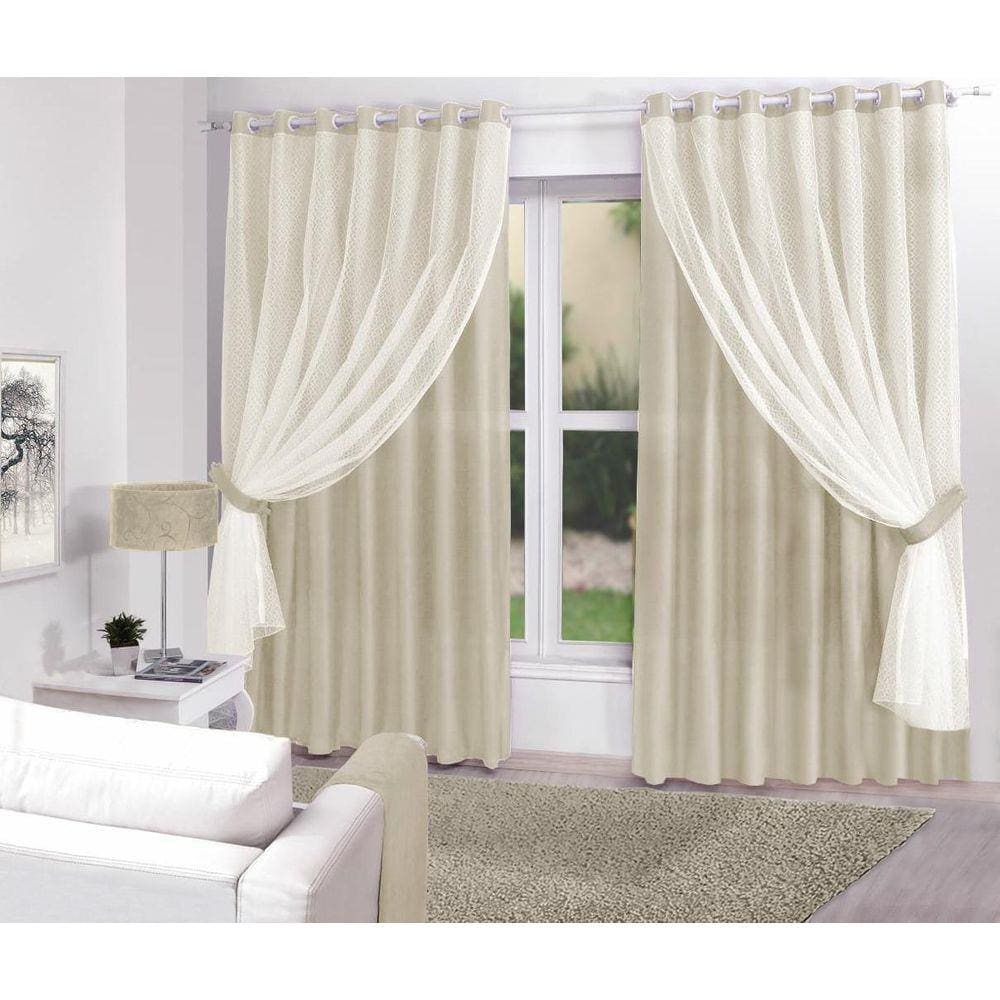 Cortina Creme Sala/Quarto Tecido Com Renda 300 X 270