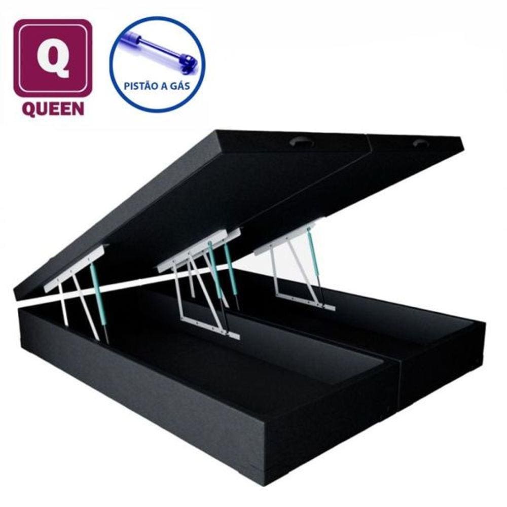 Cama Box Baú Queen size Bi partida em Corino preto com Pistão a gás - 158x198x27