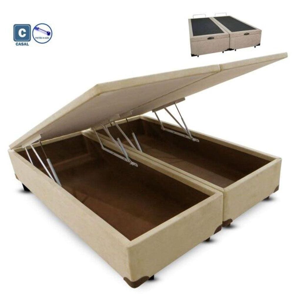 Cama Box Casal com Bau Pistão a gás bege suede Bipartido - 138x188