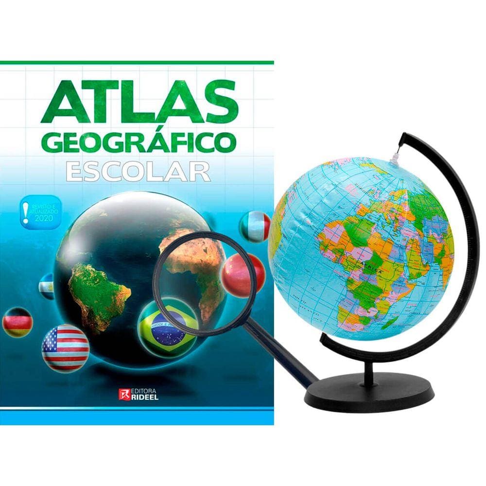 Kit Globo Terrestre Inflável + Lupa e Atlas Escolar Em Português Giratório Com Suporte E Base Plástico 30x17 cm