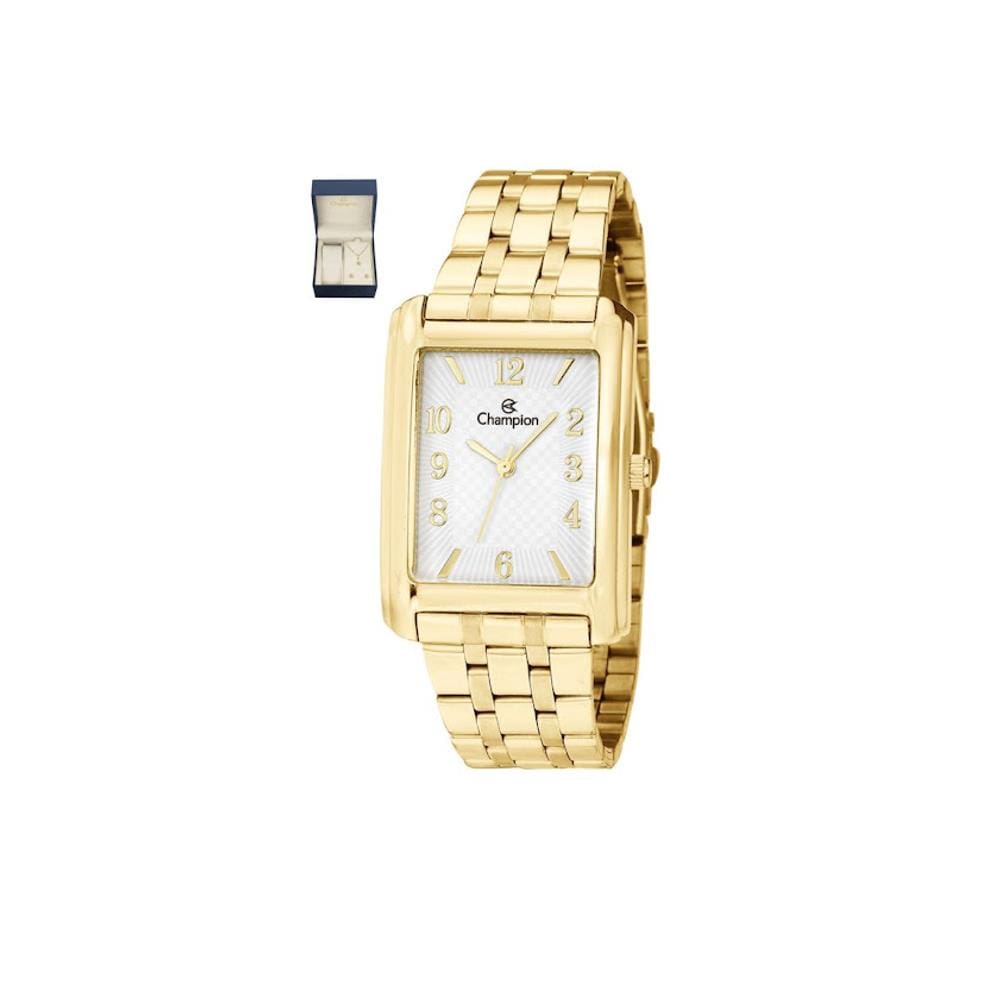 Relogio Champion Feminino Dourado Quadrado Cn20373w + Kit Colar E Brinco