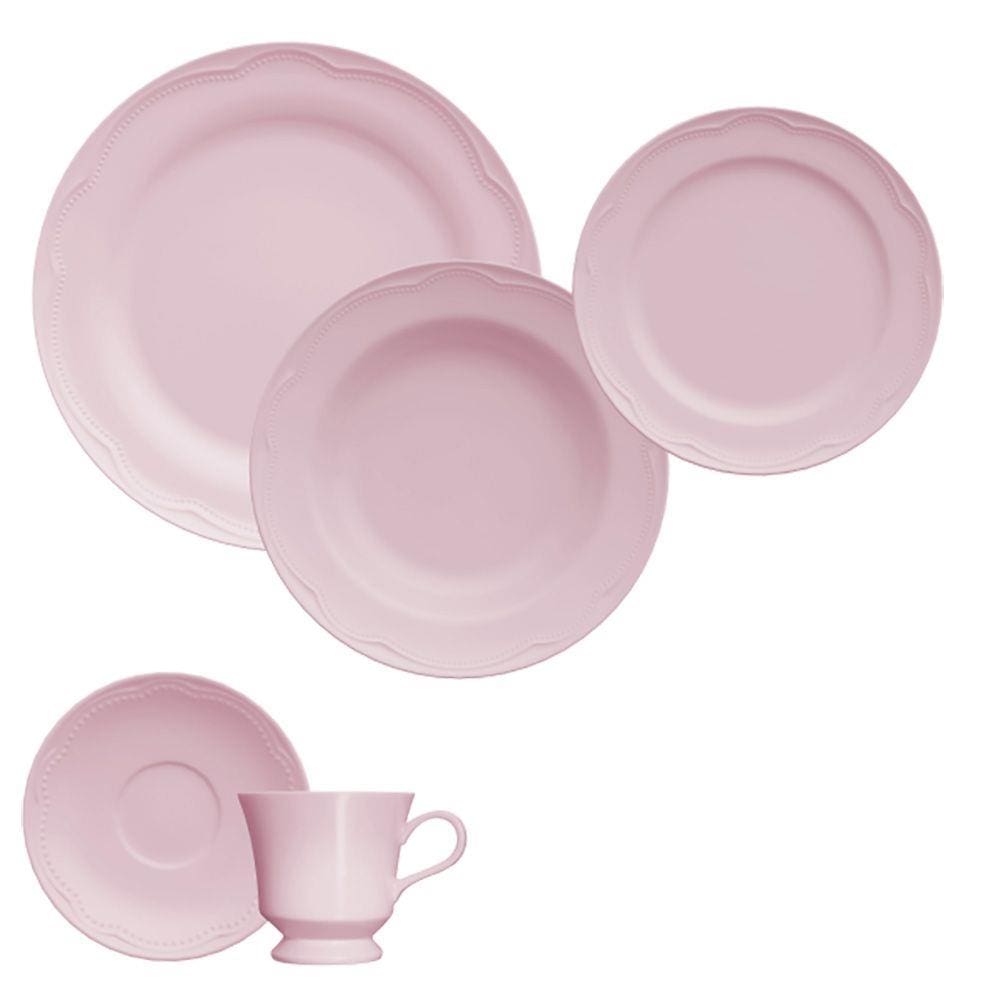 Jogo de Jantar e Chá Porcelana 30 Peças com Pratos Rasos e Fundos Rosa Cottage Germer