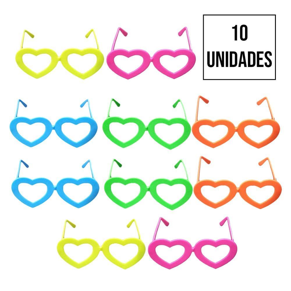 Óculos Sem Lentes Neon Colorido Coração - 10 Unidades
