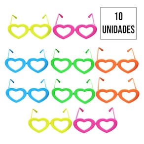Óculos Sem Lentes Neon Colorido Coração - 10 Unidades