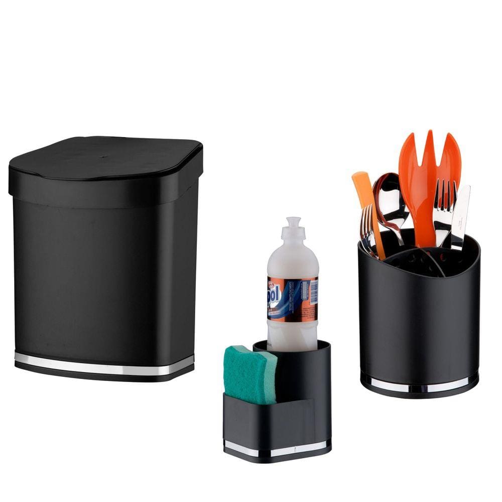 Kit Lixeira 2,5L Escorredor Talheres Porta Detergente Organizadores de Pia Cozinha Preto Cromado - Future