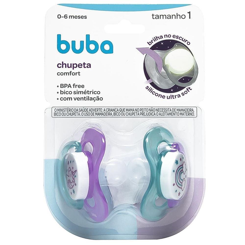 Chupeta Brilha Escuro Bico Silicone Comfort 0 A 6 Meses Buba