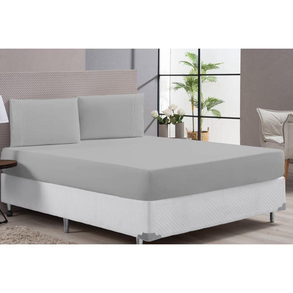 Lençol Cama Casal Queen Hotel Clinica 400 Fios Cinza 3P