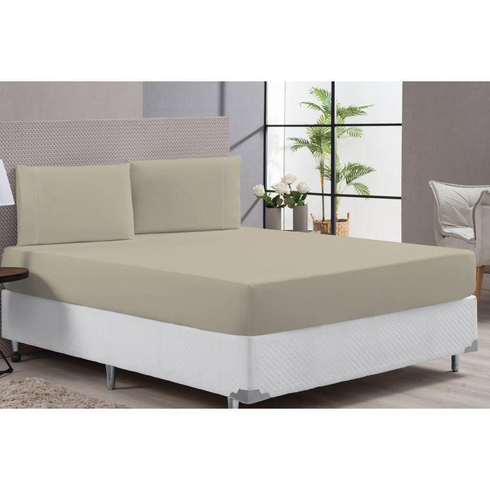 Lençol Cama King Size Cor Bege Macio 400F 3 Peças