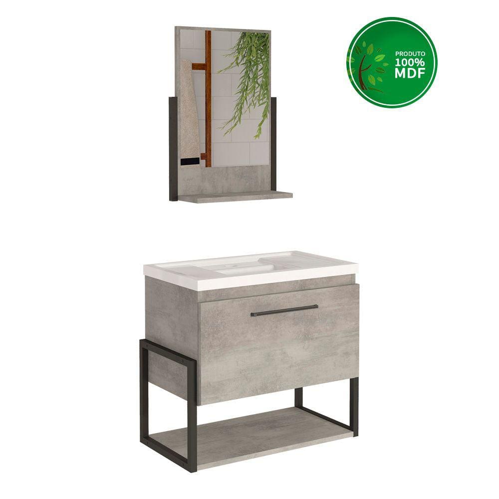 Conjunto armário de Banheiro e Espelheira 60 cm Metalon Ipanema MGM Móveis Cimento