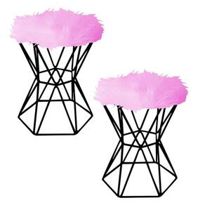 Kit 02 Puff Louis Aramado Hexágono Preto Pelúcia Pink