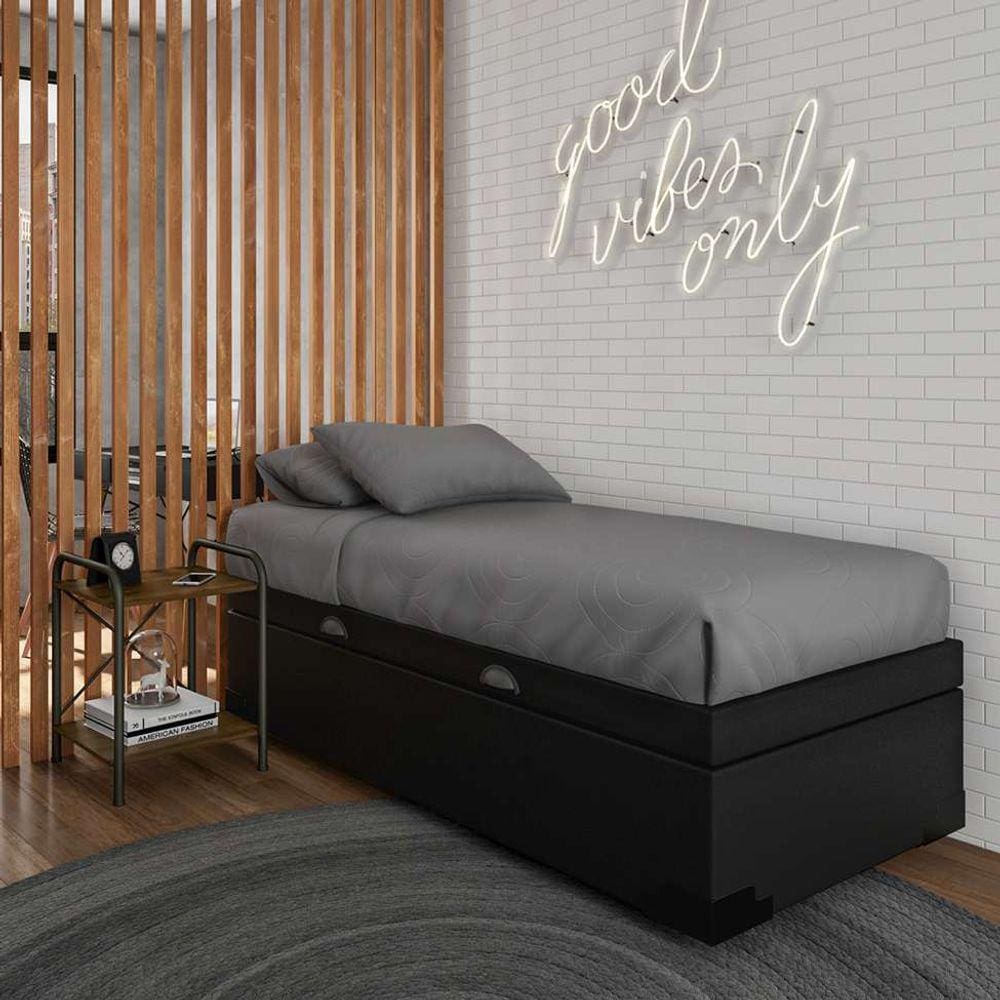 Base para Cama Box Solteiro Mabel com Baú Corino (45x88x188) Preta
