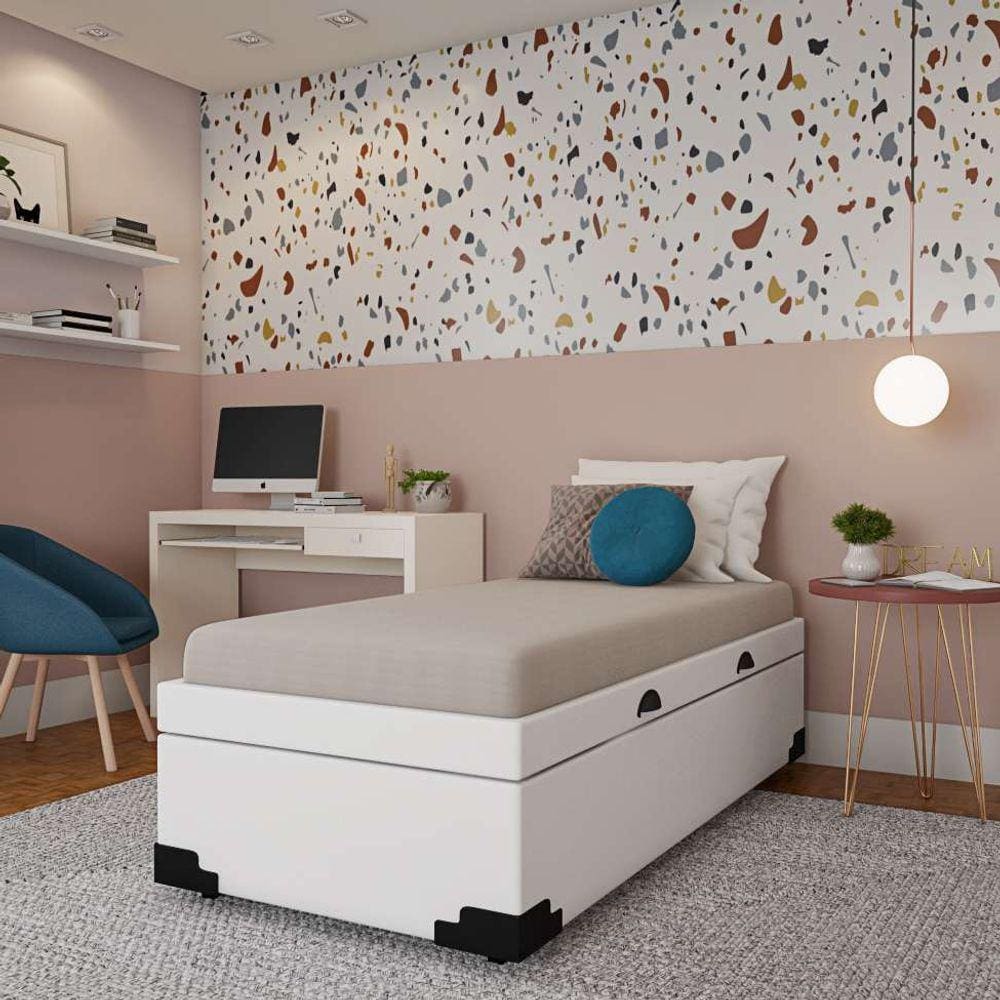 Base para Cama Box Solteiro Madden com Baú Corino (45x88x188) Branca