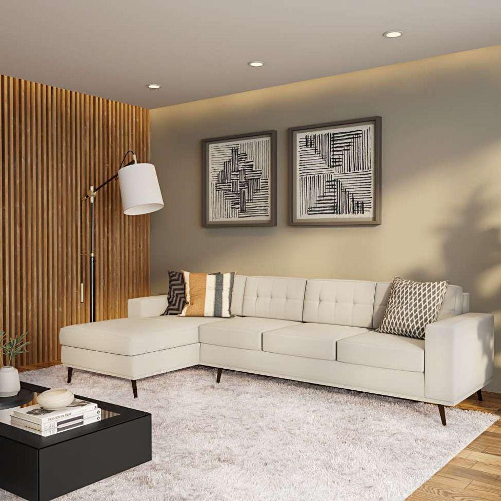 Sofá 4 Lugares Joy com Chaise Esquerdo Pé Palito Linho Cotton Cru