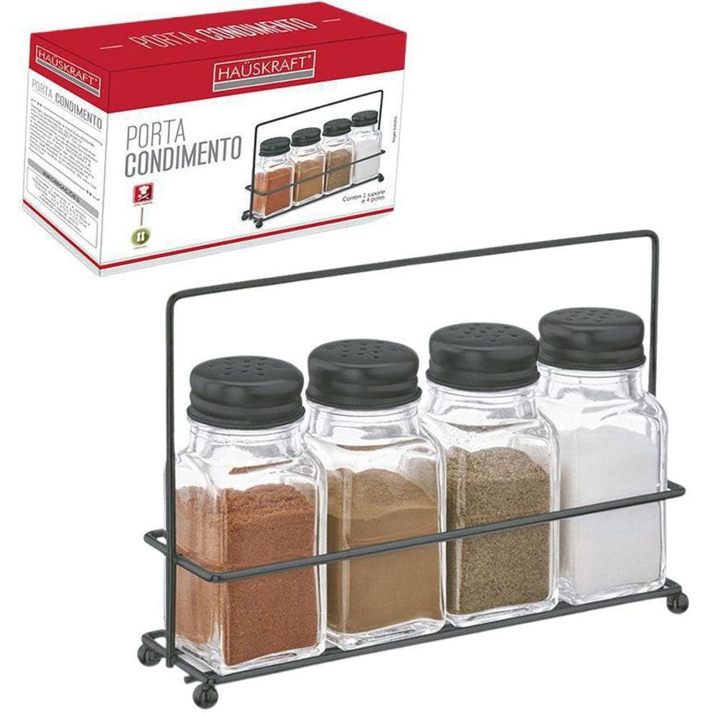 Porta Condimento De Vidro 4 Peças 80Ml + Suporte Black