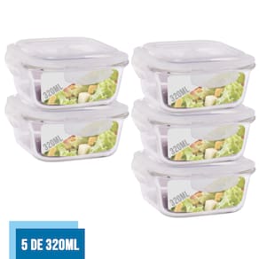 Jogo com 5 Pote Vidro Hermético Marmita Tampa Plástico 320ml