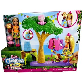 Conjunto Festa Aniversário Na Selva - Acompanha Acessórios E Boneca Chelsea - Com Filhotes Pets Macaquinho E Bicho Preguiça - Mattel