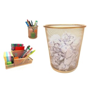 Kit Organizador, Porta Caneta E Lixeira Dourado Escritório