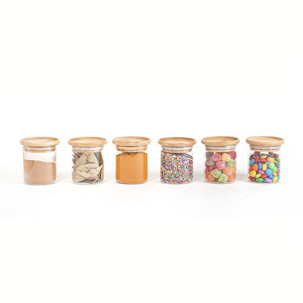 Kit 6 Potes De Vidro Empilhável Hermético Tampa Bambu 200Ml