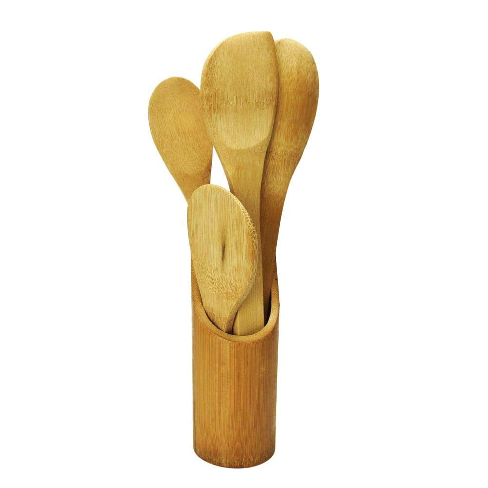 Jogo 5 Peças De Colher Em Bambu e Suporte Para Cozinha