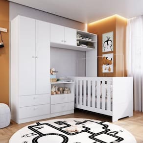 Conjunto Quarto Infantil com Berço 3 em 1, Cômoda 2 Gavetas 1 Nicho e Guarda Roupas Completa Móveis Branco