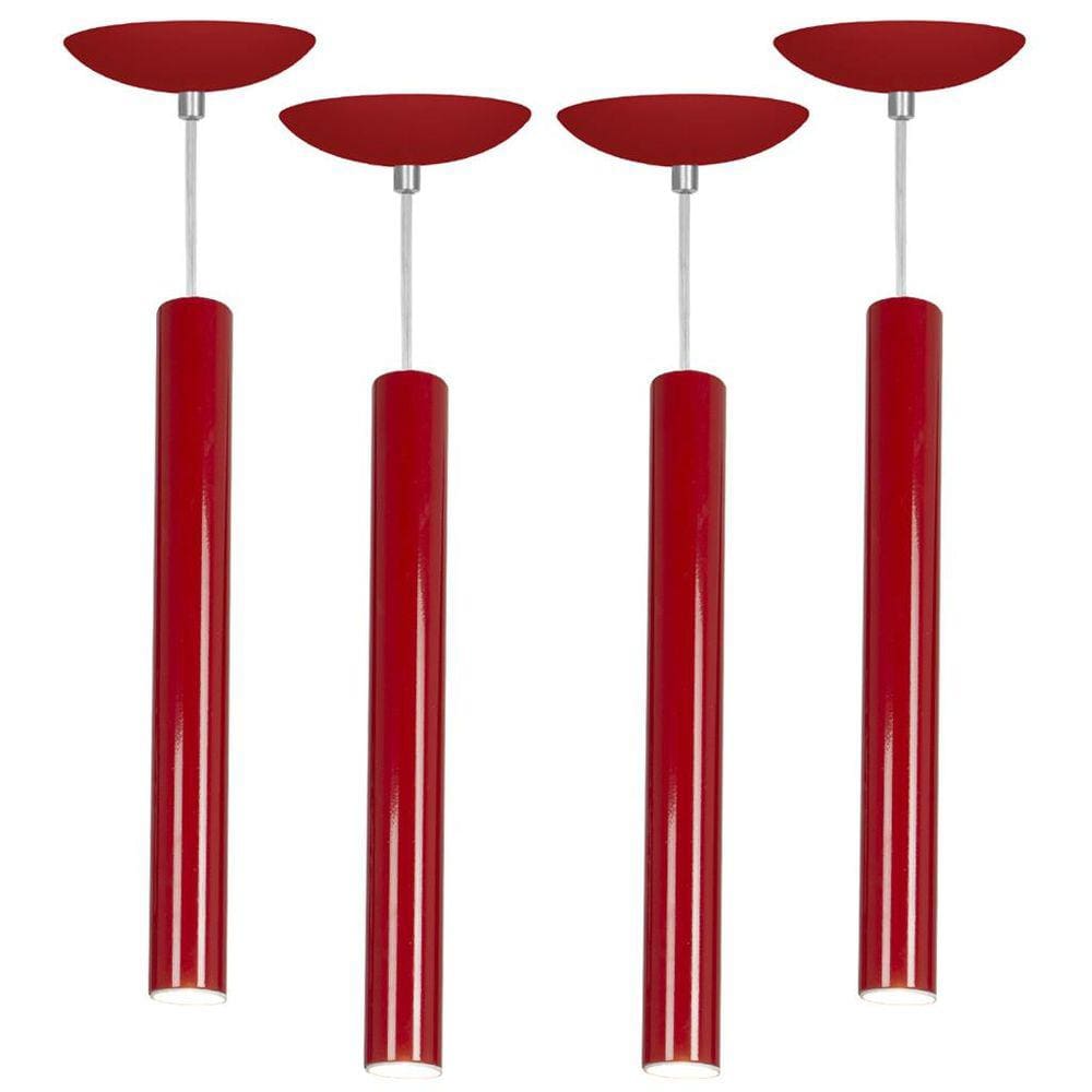 Kit 4 Pendente Tubo Cilindro Vermelho 40Cm + Led 6k