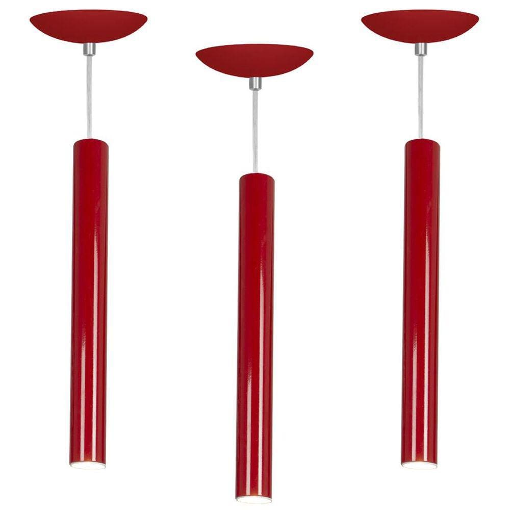 Kit 3 Pendente Tubo Cilindro Vermelho 40Cm + Led 6k