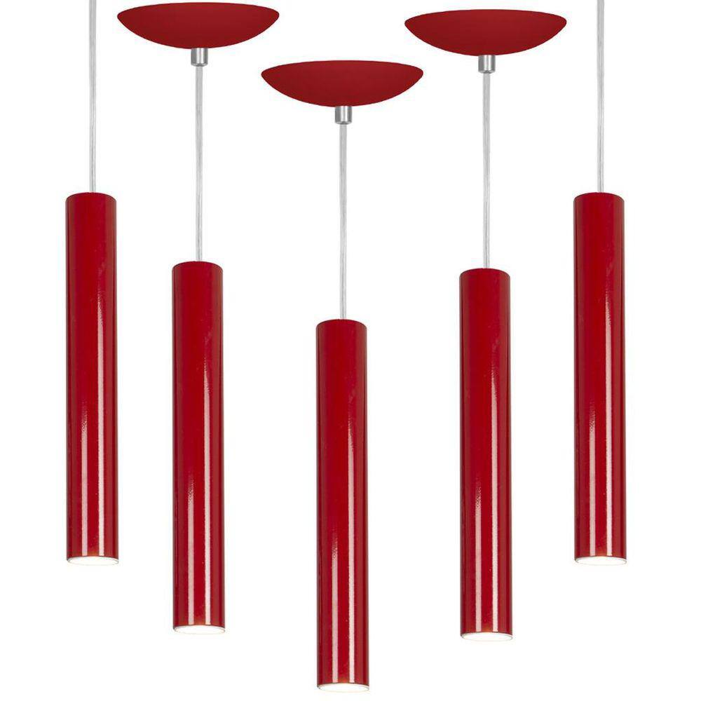 kit 5 Pendente Tubo Cilindro Vermelho 30Cm + Led 6k