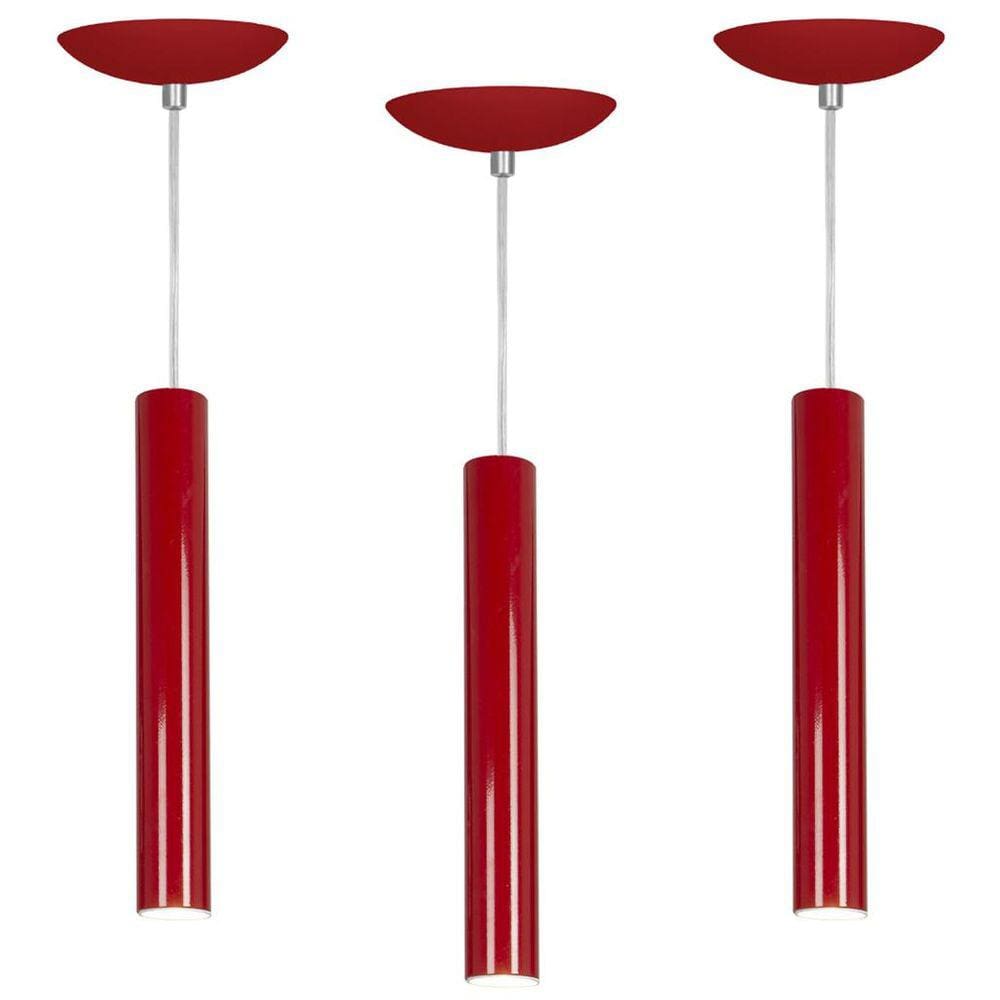 kit 3 Pendente Tubo Cilindro Vermelho 30Cm + Led 6k