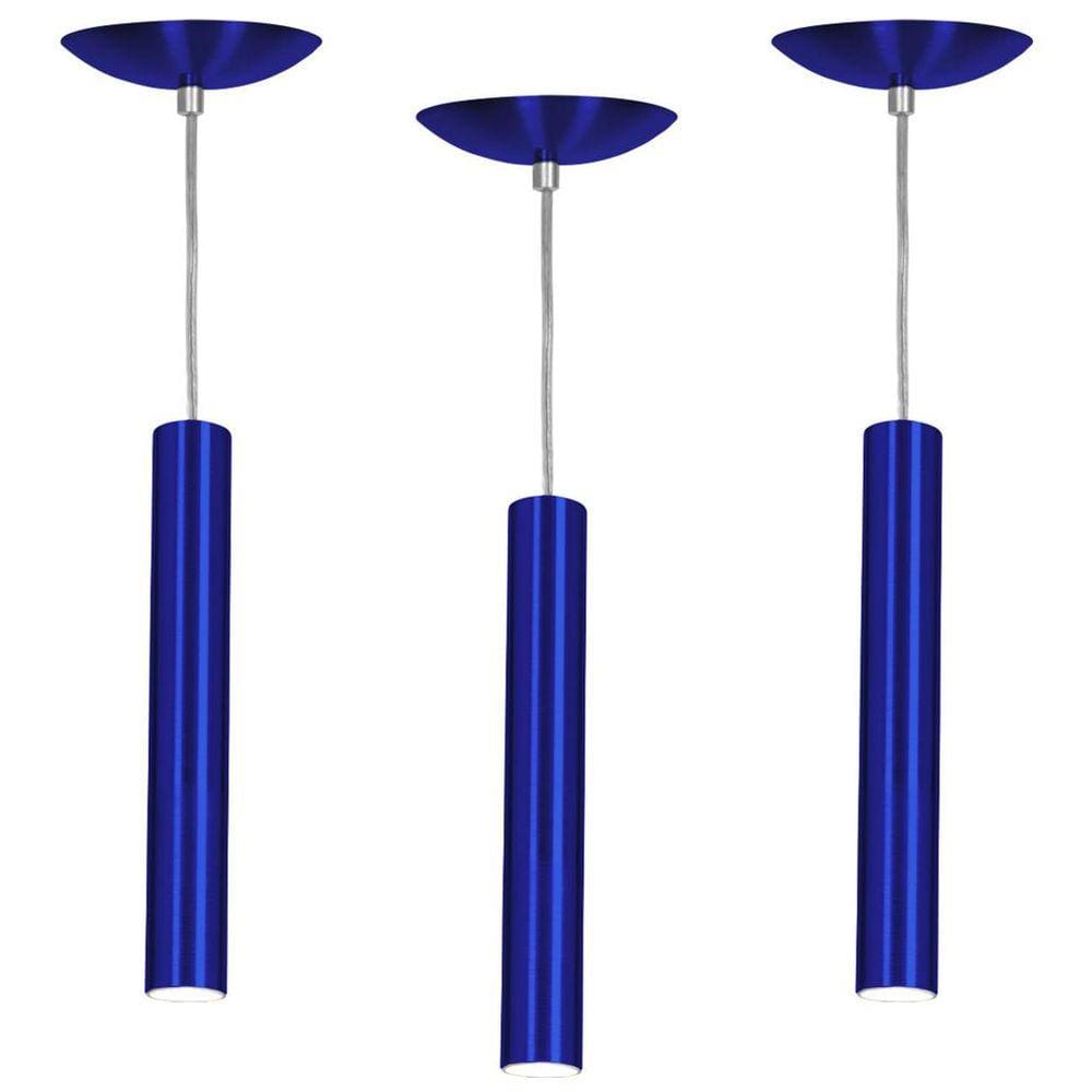 kit 3 Pendente Tubo Cilindro Azul Metálico 30Cm + Led 6k