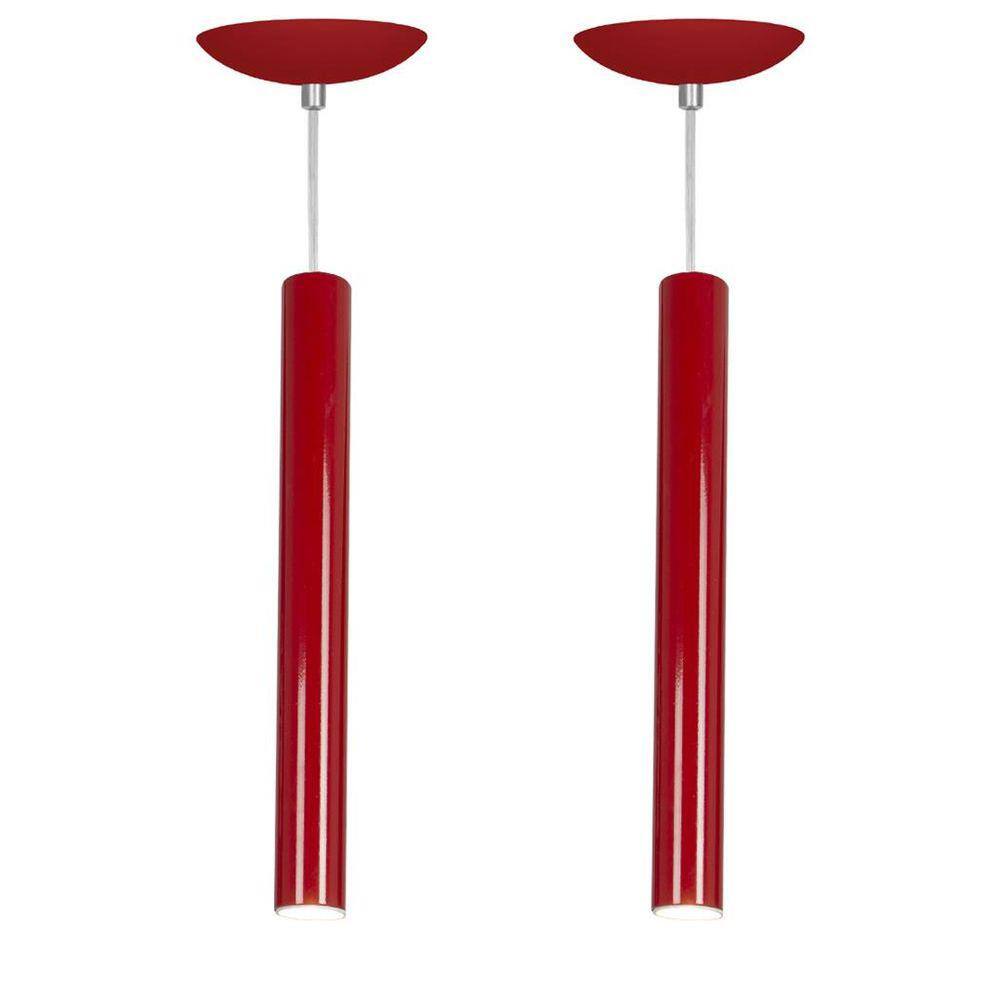 Kit 2 Pendente Tubo Cilindro Vermelho 40Cm + Led 3k