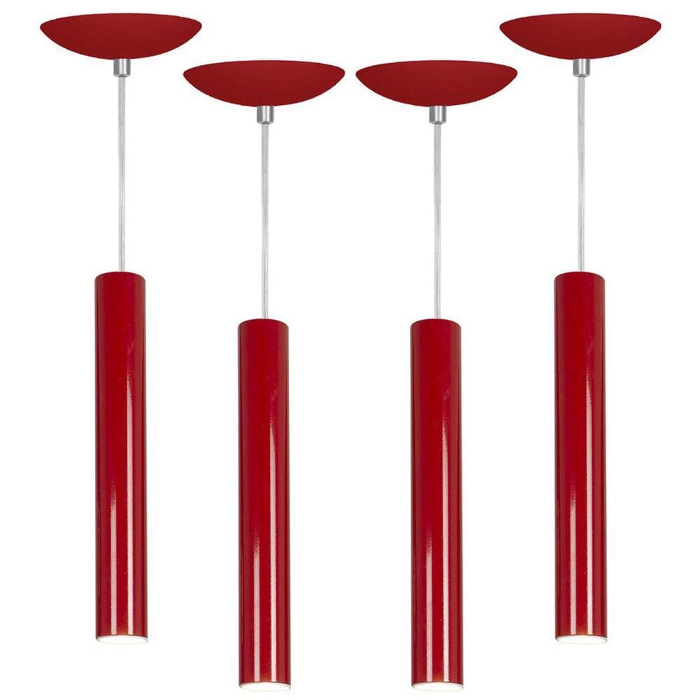 kit 4 Pendente Tubo Cilindro Vermelho 30Cm + Led 3k