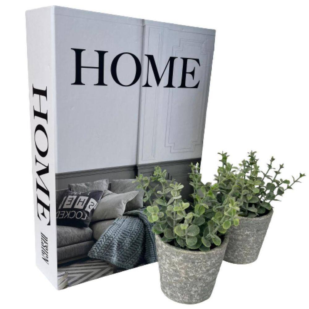 Trio decorativo livro Home Design + 2 vasos cinza artesanal