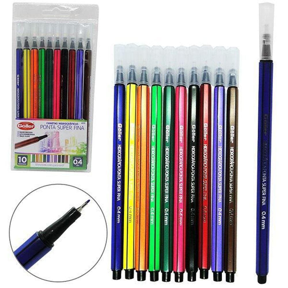 Kit Com 10 Caneta Hidrográfica Ponta Super Fina 0.4 Mm 16,5 Cm Cores Sortidas, Daiwa 6173 - 145320