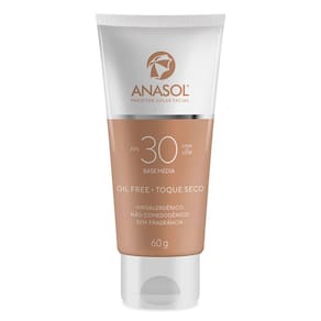 Protetor Solar Facial 30 FPS com Cor Média Multifunção Clareador Anasol Toque Seco Oil Free Hipoalergênico Não Comedogênico Vegano e Cruelty Free