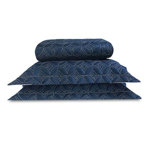 Cobre Leito Colcha Queen 3 Peças Bordado Luxury Azul Marinho