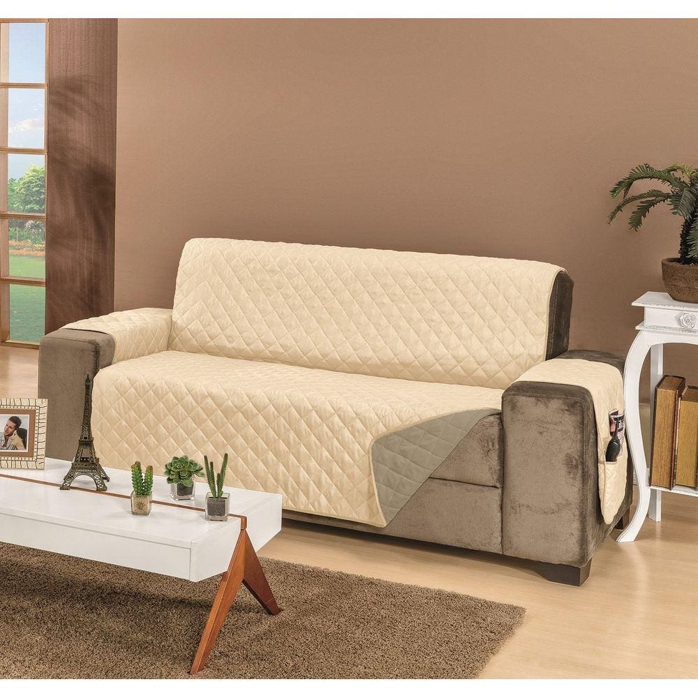 Protetor De Sofa Dupla Face 4 Lugares King Caqui Com Palha